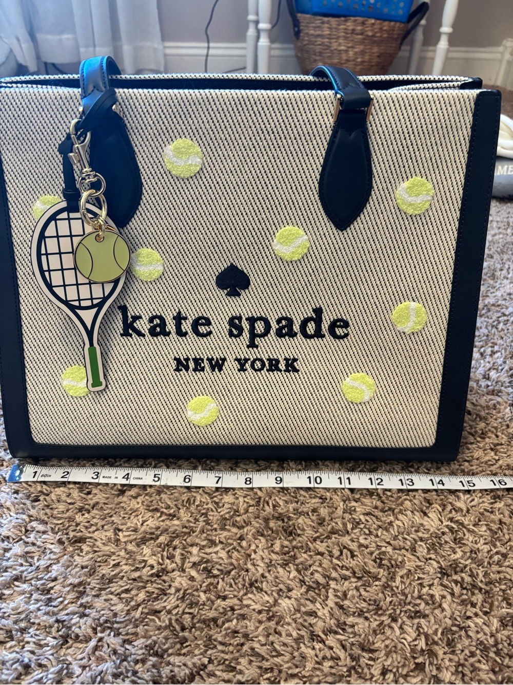 Kate Spade New York Tennis Canvas Tote in Navy and Neon Yellow